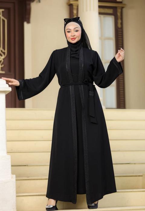Abaya Élégance Royale en Soie – Ensemble 2 pièces robe & kimono brodé