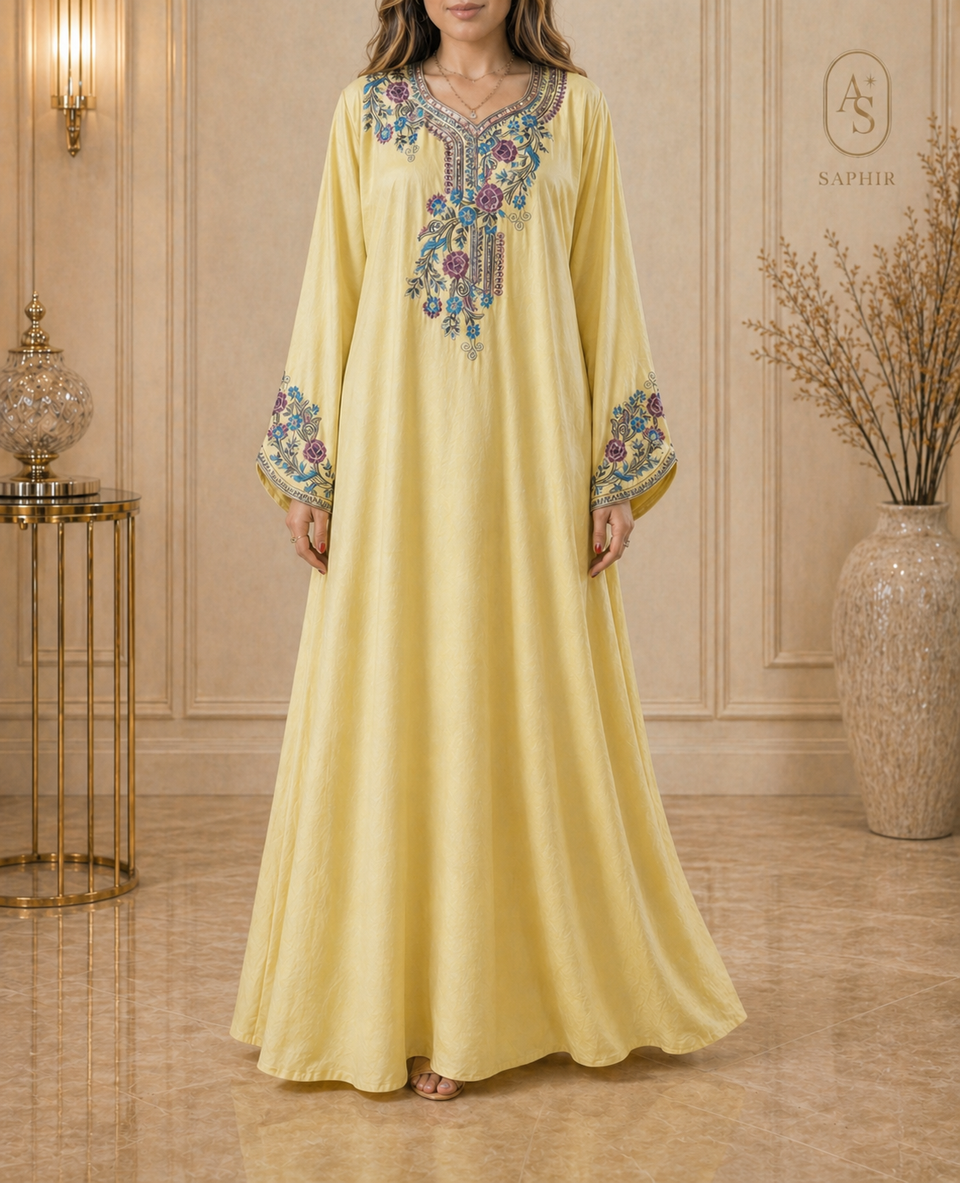 Abaya jaune en lin premium – Légère & élégante été