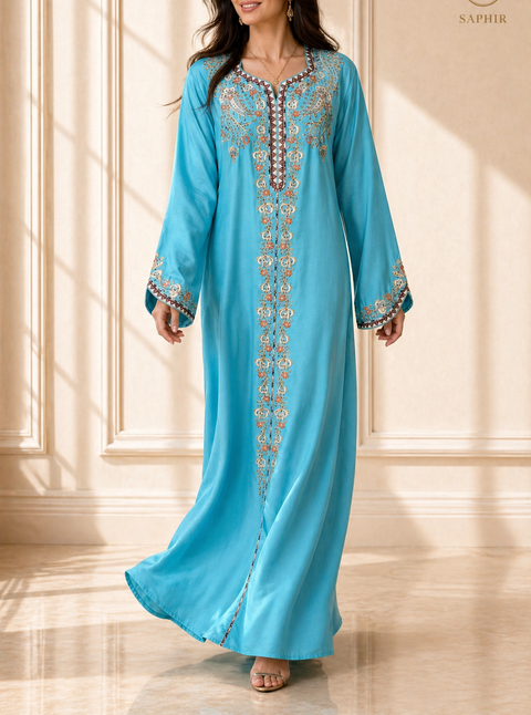 Abaya turquoise en lin premium – Fraîche, légère & élégante été