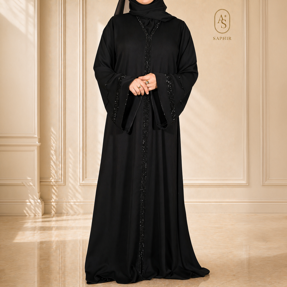 Abaya en crêpe premium à strass faits main – Noir
