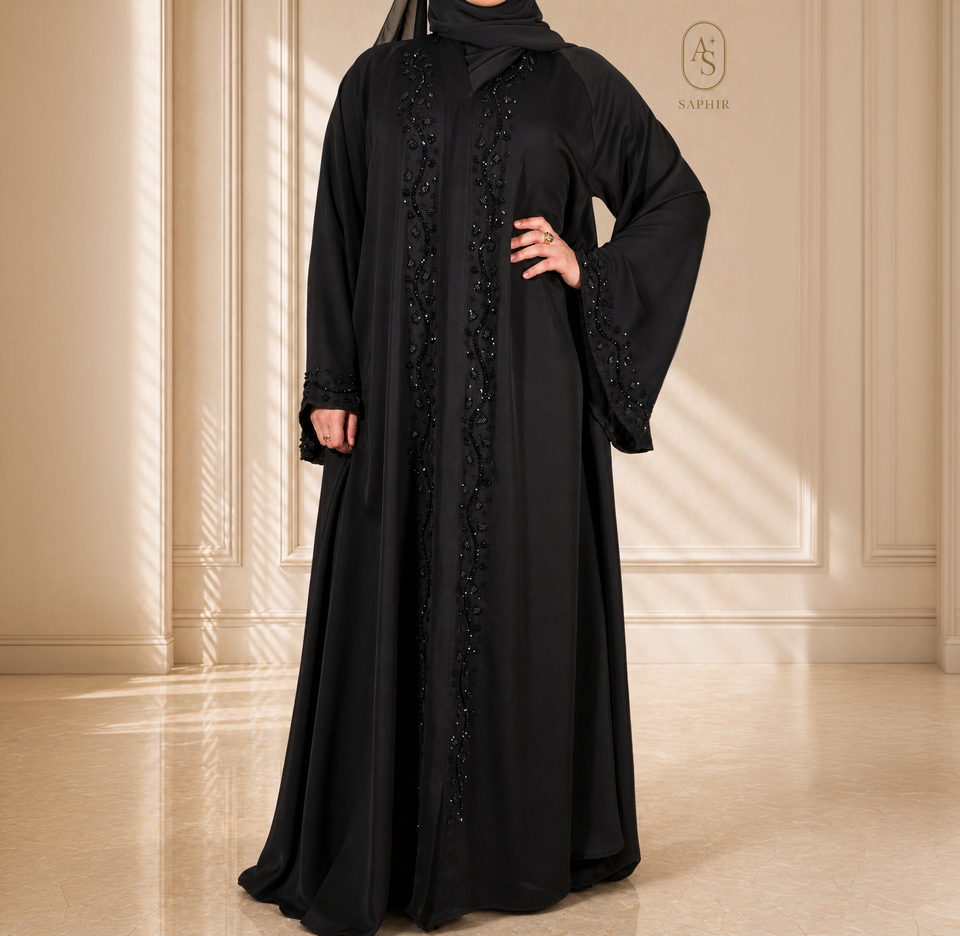 Abaya en soie coréenne premium à strass noirs faits main avec voile assorti – Noir