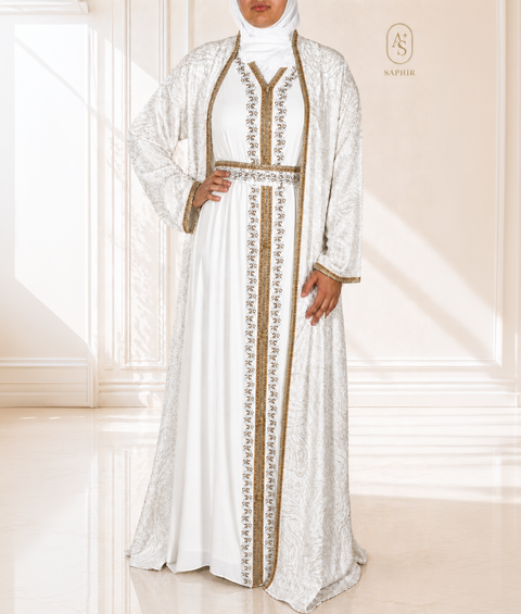 Caftan 2 pièces blanc – Soie satinée & broderies dorées