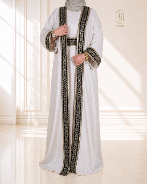 Ensemble Abaya Dubaï 2 pièces en lin premium – Broderies noires & dorées