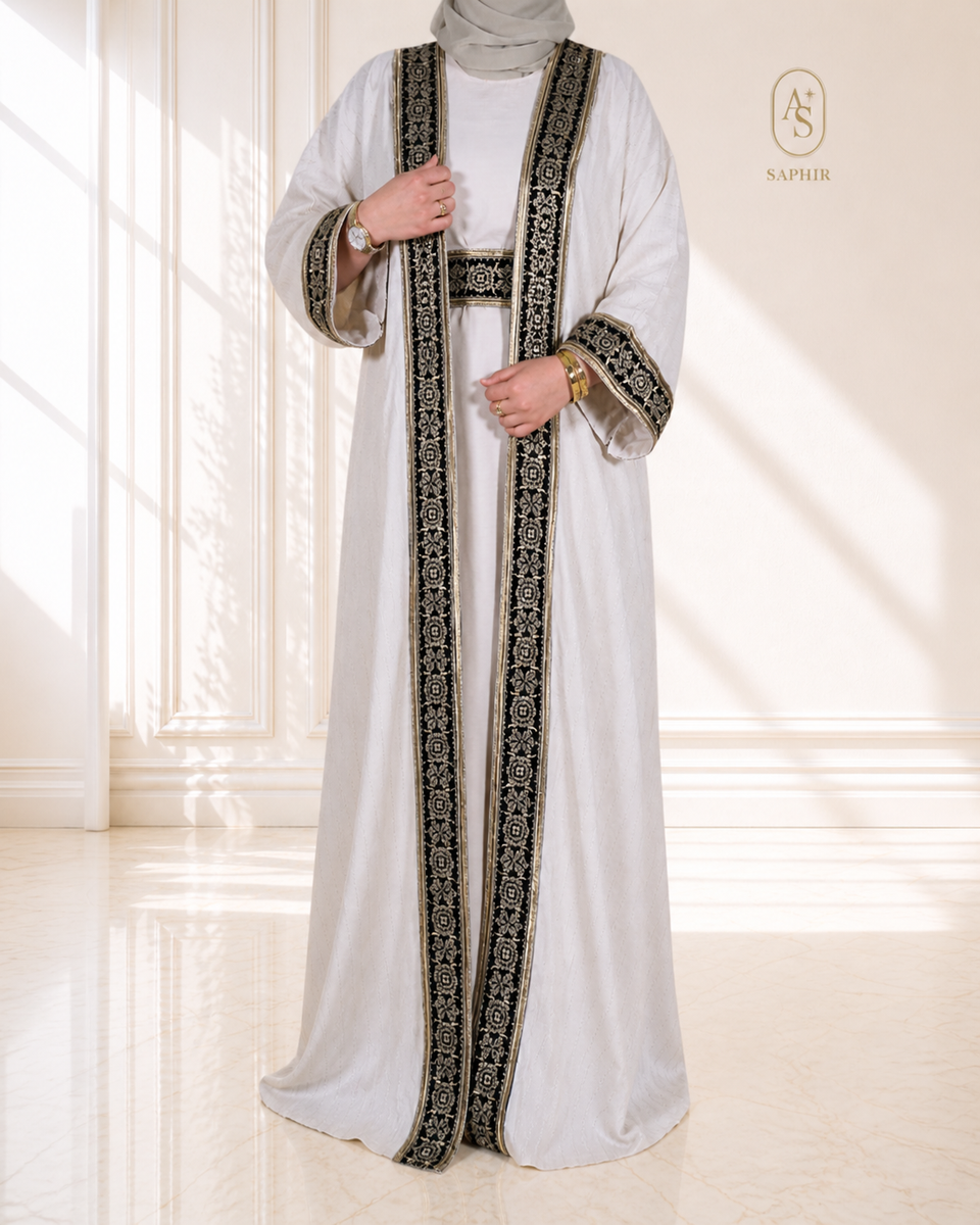 Ensemble Abaya Dubaï 2 pièces en lin premium – Broderies noires & dorées