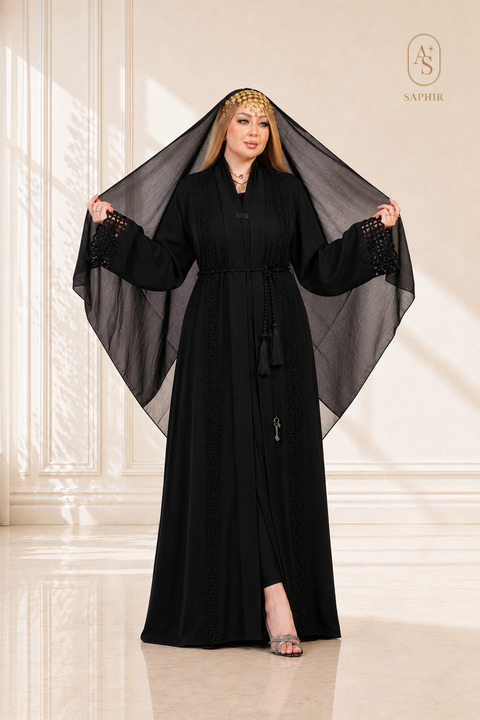 Abaya Rabisc 2 pièces noire en soie avec dentelle