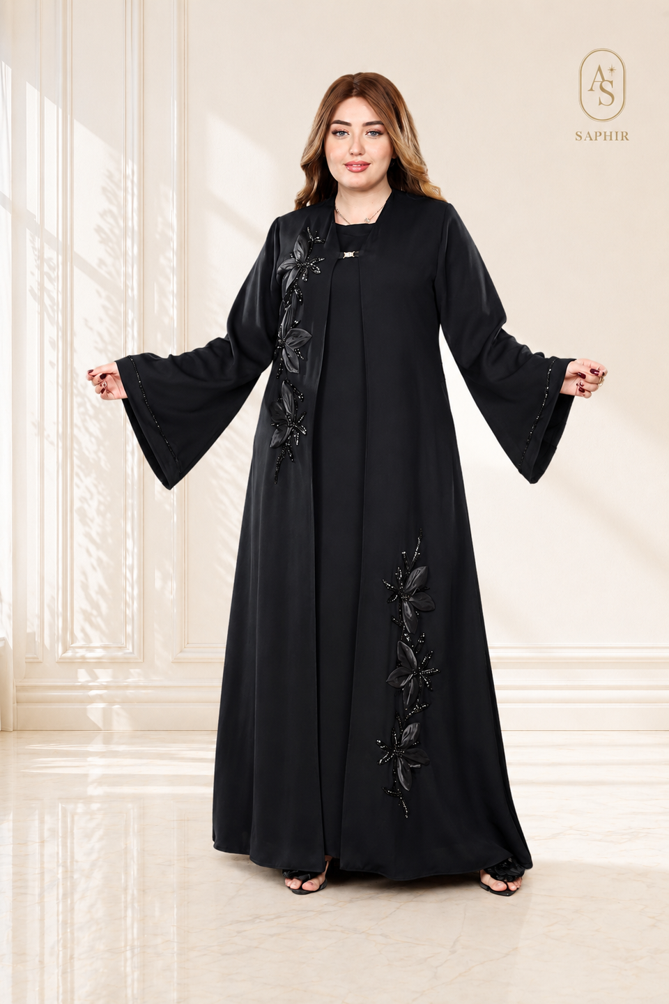 Abaya Wanasa 2 pièces en soie avec fleurs 3D et voile
