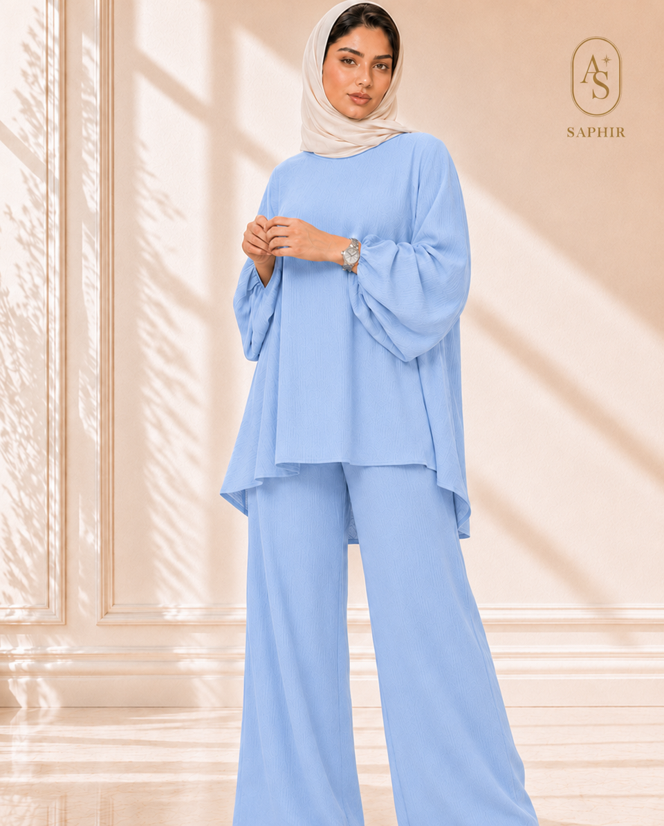Ensemble femme blouse longue et pantalon large Bleu ciel
