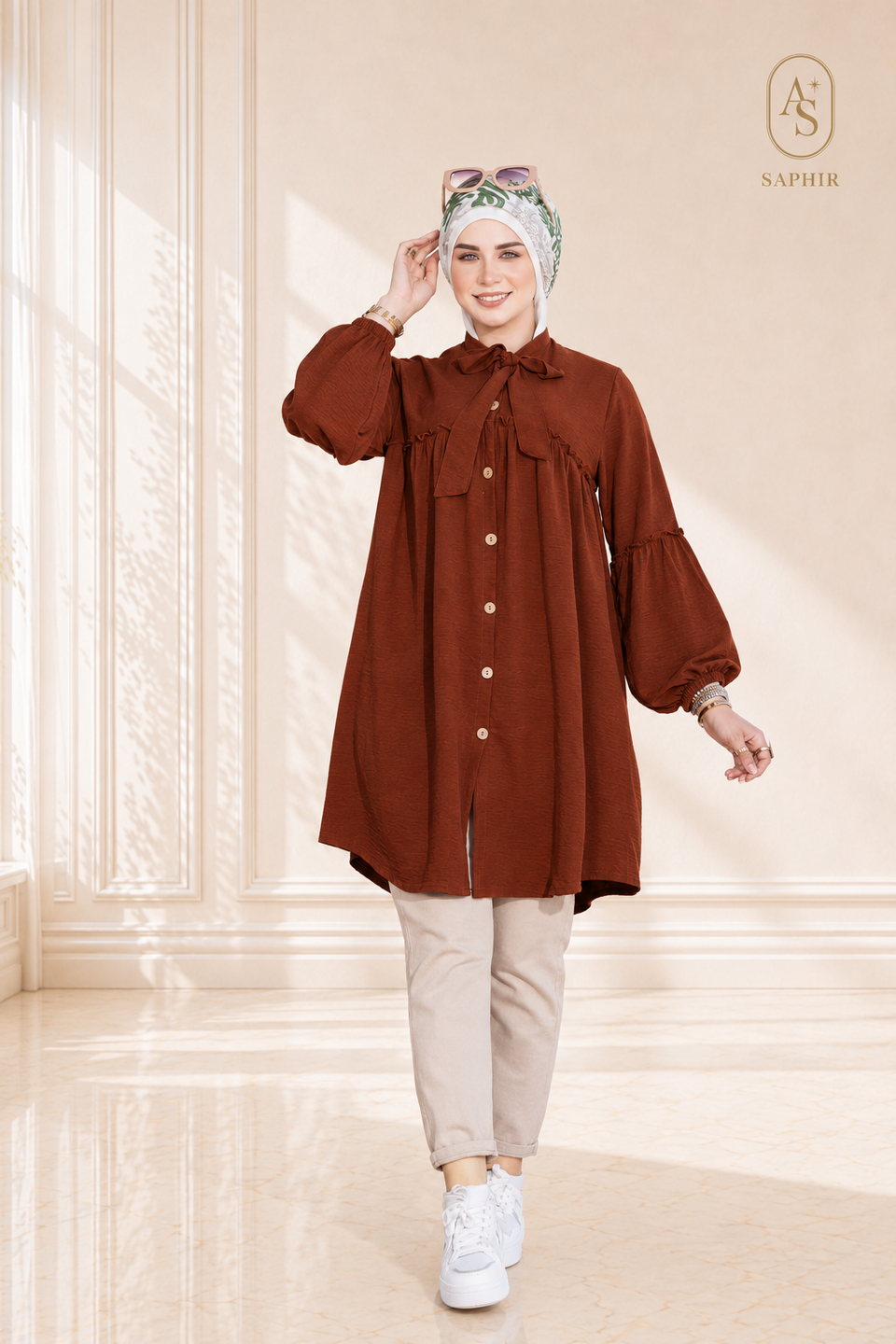 Robe chemise longue femme à col lavallière