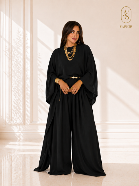 Ensemble noir femme blouse asymétrique et pantalon palazzo
